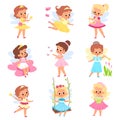 Kids fairies. Beautiful little sorceresses with magical accessories, wings, tiaras and flowers, cute princess myth girls