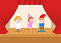 Kids in fairy costumes performing on the stage of the theater. The play in the kindergarten. Flat vector illustration