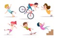 Kids falling. Boys girls outdoor running and falling shocked accident dangerous situation for children exact vector