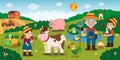 Kids farm. Happy farmer family. Boy on nature ranch. Girl feeding cow. Funny chick and pig. Children in domestic country Royalty Free Stock Photo