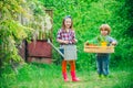 Kids farmers hold box and watering can. Lovely children couple walking in spring garden. Royalty Free Stock Photo