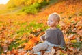 Kids fashion. Childhood memories. Child autumn leaves background. Warm moments of autumn. Toddler boy blue eyes enjoy Royalty Free Stock Photo