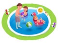 Kids and father swimming in back yard pool Royalty Free Stock Photo
