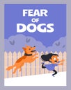 Kids fear of dogs banner or card template, flat cartoon vector illustration. Royalty Free Stock Photo