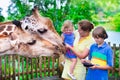 Kids feeding giraffe in a zoo Royalty Free Stock Photo