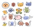 Kids Fingerprint Animal Doodles Set. Snail, Hedgehog, Elephant And Bee. Whale, Sheep, Bear Or Pig With Frog or Butterfly