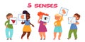 Kids and five senses. Kid and sensorial visual information. Children holding posters, human sensory organs. Smell, touch