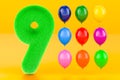 Kids fluffy number 9 with nine colored balloons, 3D rendering