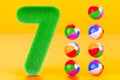 Kids fluffy number 7 with seven beach balls, 3D rendering