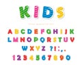 Kids font. Cartoon glossy colorful letters and numbers.