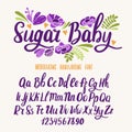 Kids font. Typography alphabet with colorful child illustrations. Handwritten script for celebration and crafty design.