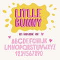 Kids font. Typography alphabet with colorful child illustrations. Handwritten script for crafty design.