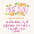 Kids font. Typography alphabet with colorful child illustrations. Handwritten script for crafty design.