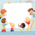 Kids frame. Cute characters childrens painting drawing and playing empty place for text vector template Royalty Free Stock Photo