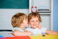 Kids freinds gets ready for school. Funny little children having fun on first time to school.