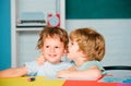 Kids freinds gets ready for school. Funny little children having fun on first time to school.