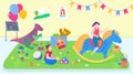 Kids friend play toys at home vector illustration, cartoon flat active girl characters playing game together, happy