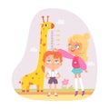 Kids friends measure height with ruler and giraffe, chart of progress growth with scale Royalty Free Stock Photo