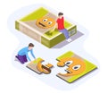 Kids friends playing jigsaw puzzle game together, vector isometric illustration. Home leisure activities.