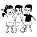 Kids friends playing and smiling cartoons in black and white Royalty Free Stock Photo