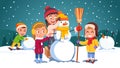 Kids friends team building snowman together Royalty Free Stock Photo