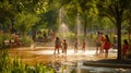 A group of children are playing in a fountain in a park AIG41 Royalty Free Stock Photo