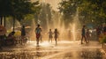 A group of children are playing in a fountain in a park AIG41 Royalty Free Stock Photo