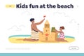 Kids fun on beach concept of landing page with children building sand castle at seaside Royalty Free Stock Photo