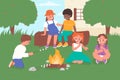 Kids on fun picnic with camp fire, cooking marshmallow in summer park garden or backyard