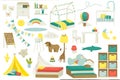 Kids furniture for baby room or playroom design, set of vector illustration. Nursery interior with toys, kids bed, table