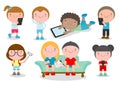 Kids with gadgets, Kids Characters Boy and Girl with Mobile,children with gadgets, kid Tablet, People with their gadgets Royalty Free Stock Photo