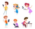 Kids with gadgets. Little persons holding smartphones and tablet using pc or notebook learning devices smart technology