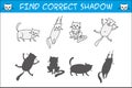 Kids game with cats,find correct shadows,template page Royalty Free Stock Photo