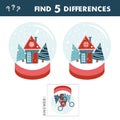 Kids game find differences. Merry christmas snow globe with a small house Royalty Free Stock Photo