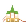 Kids games. Children`s entertainment complex wooden, tower with stairs, slides. Royalty Free Stock Photo