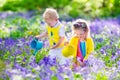Kids in a garden with bluebell flowers Royalty Free Stock Photo