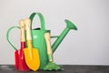 Kids gardening tools on black wooden table Royalty Free Stock Photo