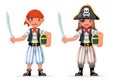 Kids boy girl pirate adventure party sailor capitan child costume masquerade teen treasure chest character design vector