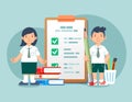 Kids Girl boy student with giant pencil near pencil marked checklist on clipboard paper Successful completion study tasks Flat Royalty Free Stock Photo