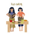 Kids girls cooking at home, kitchen table and food, little chef presenting healthy dinner cartoon isolated vector