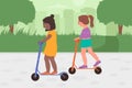 Kids girls friends play kick scooter together, happy little child riding personal scooter