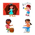 Kids Girls Playing Music Orchestra Set Vector