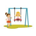 Kids girls on swings vector cartoon characters