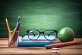 kids glasses on school desk with pencil, eraser, and ruler