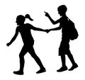 Kids going to school together, silhouette. First love. Happy Kids.