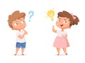 Kids good idea. Thinking people with question marks and happy mind lamp vector characters