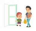 Kids good manners. Boy helping adult. Polite kid with good manners opening the door to man. Etiquette concept. cartoon