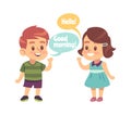 Kids good manners. Boy says good morning and girl with hello word in speech bubble, children greeting and thankful