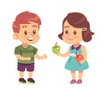 Kids good manners. Cartoon girl shares apple with boy, children respectful and thankful behavior, symbol of friendship Royalty Free Stock Photo