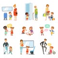 Kids good manners set, polite children helping adults, giving way to transport, thanking each other vector Illustrations Royalty Free Stock Photo